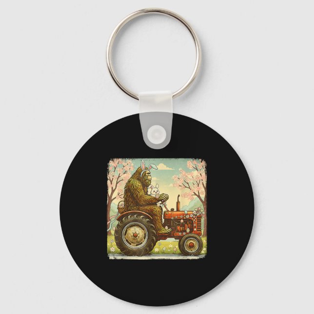 Easter bigfoot bunny tractor funny spring keychain (Front)