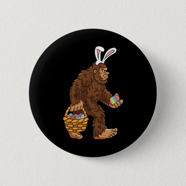 Easter Bigfoot With Egg Basket Fun Boys Kids Sasqu Button (Front)
