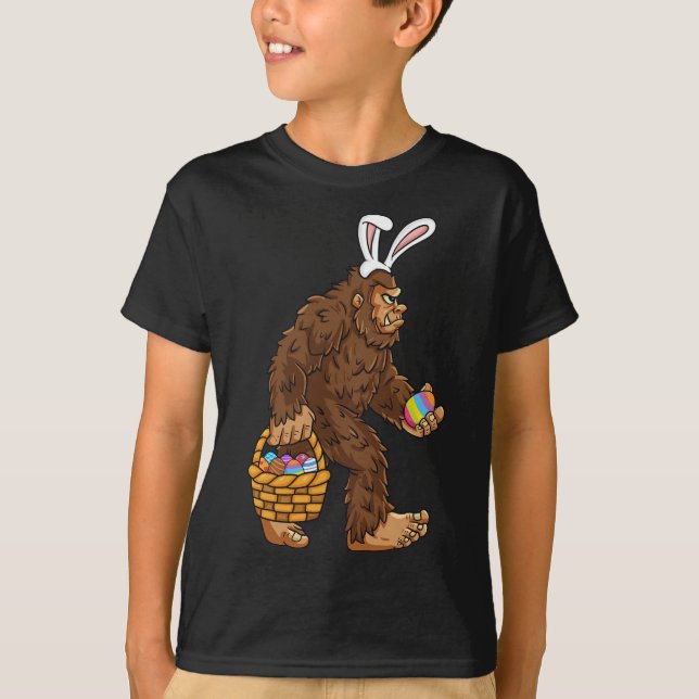 Easter Bigfoot With Egg Basket Fun Boys Kids Sasqu T-Shirt (Front)