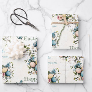 Easter Birds & Pastel Eggs Watercolor Floral Wrapping Paper Sheets
