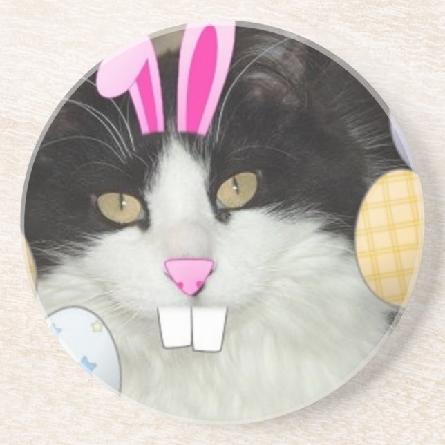 Easter Black and White Kitty Cat Sandstone Coaster (Front)