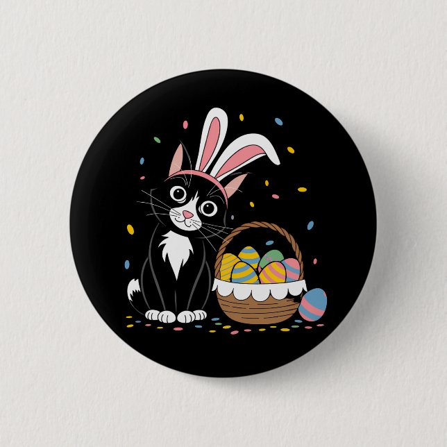Easter Black Cat Tuxedo Rabbit Bunny Ears Eggs Button (Front)