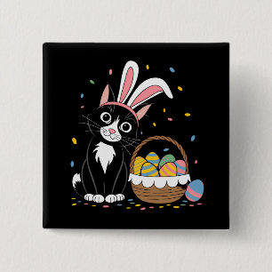 Easter Black Cat Tuxedo Rabbit Bunny Ears Eggs Button
