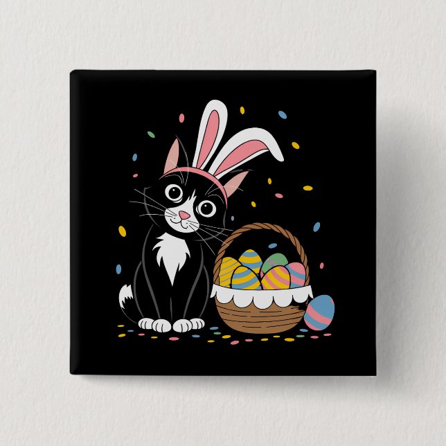 Easter Black Cat Tuxedo Rabbit Bunny Ears Eggs Button (Front)