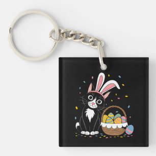 Easter Black Cat Tuxedo Rabbit Bunny Ears Eggs Keychain