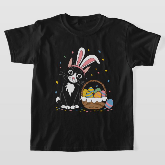 Easter Black Cat Tuxedo Rabbit Bunny Ears Eggs T-Shirt (Laydown)