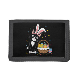 Easter Black Cat Tuxedo Rabbit Bunny Ears Eggs Trifold Wallet