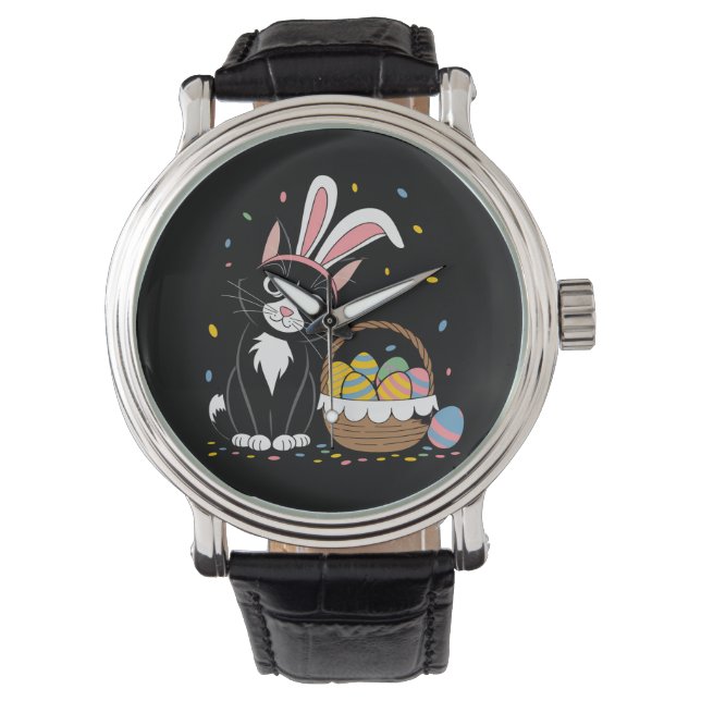 Easter Black Cat Tuxedo Rabbit Bunny Ears Eggs Watch (Front)
