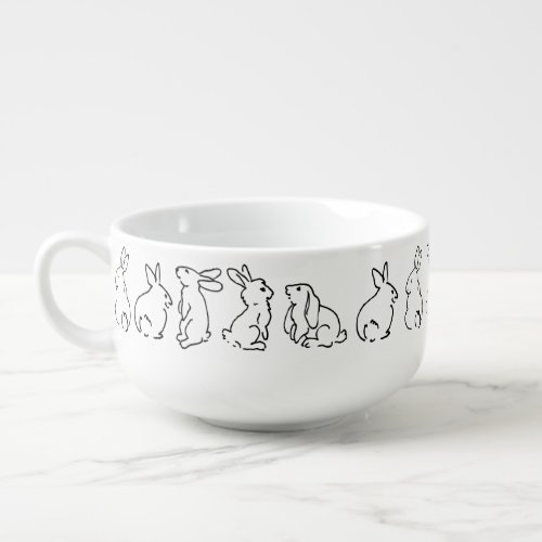 Easter Black  White Bunny Rabbit Ink Sketch Art Soup Mug