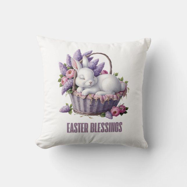 Easter Blessing – Bunny & Flower Basket Delight Throw Pillow (Front)