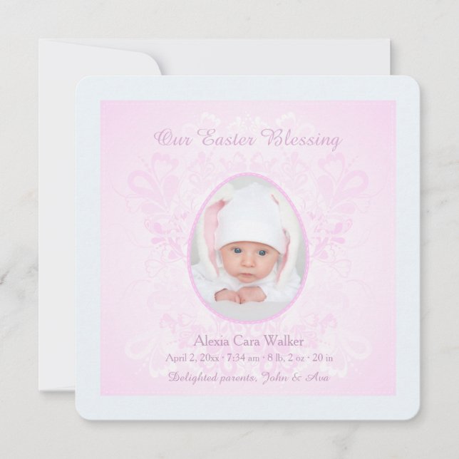 Easter Blessing Pink Photo Birth Announcement (Front)