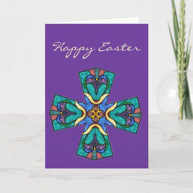 Easter Blessing Stained Glass Cross Holiday Card (Front)