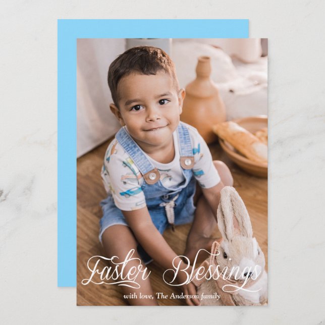 Easter Blessings Baby Boy Family Blue Photo Holiday Card (Front/Back)