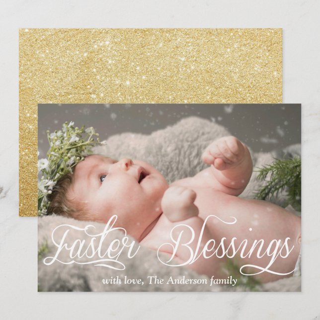 Easter Blessings Baby Family Gold Glitter Photo Holiday Card (Front/Back)