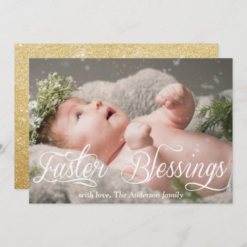 Easter Blessings Baby Family Gold Glitter Photo Holiday Card