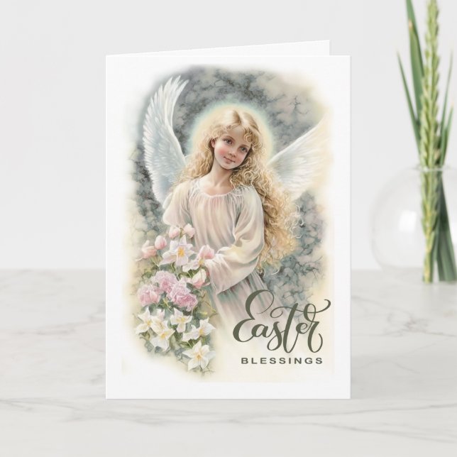 Easter Blessings. Beautiful Little Angel Religious Holiday Card (Front)