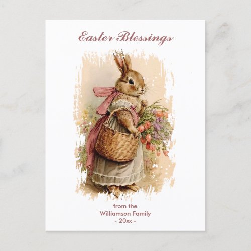 Easter Blessings Brown Vintage Bunny Personalized Holiday Postcard