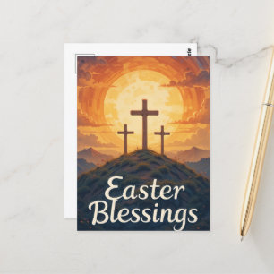 Easter Blessings Christian Cross Sunset Religious Postcard