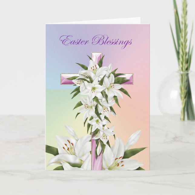 Easter Blessings Cross of Lilies Holiday Card (Front)