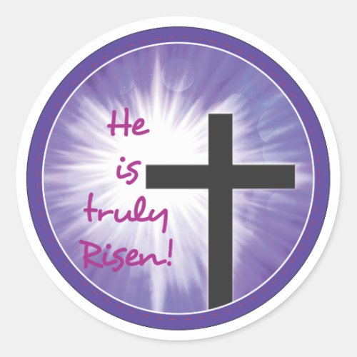 Easter Blessings Cross Starburst on Purple Risen Classic Round Sticker