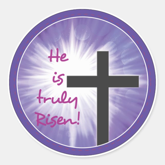 Easter Blessings Cross Starburst on Purple, Risen Classic Round Sticker (Front)