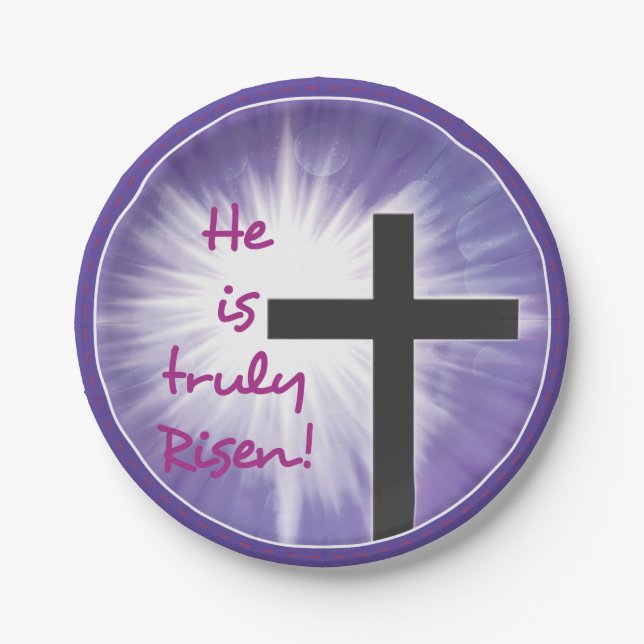 Easter Blessings Cross Starburst on Purple, Risen Paper Plates (Front)