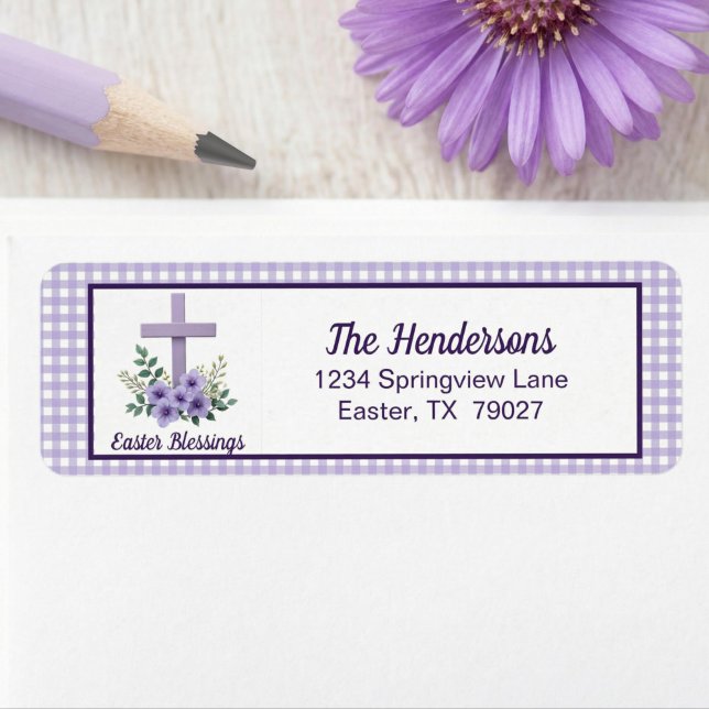 Easter Blessings Cross with Flowers Purple Gingham Label (Creator Uploaded)