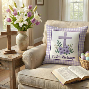Easter Blessings Cross with Flowers Purple Gingham Throw Pillow
