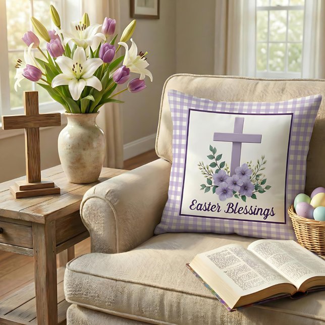 Easter Blessings Cross with Flowers Purple Gingham Throw Pillow (Creator Uploaded)