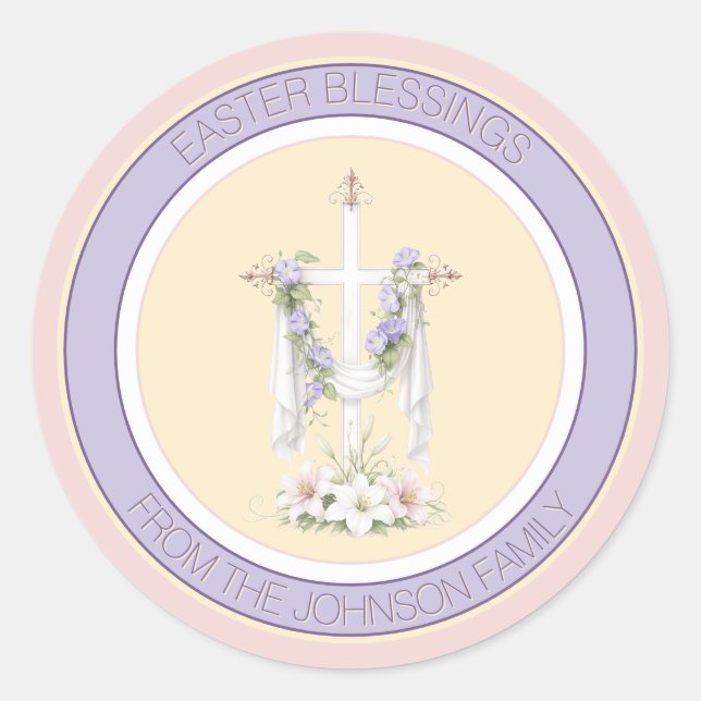 Easter Blessings Cross with Lilies  Classic Round Sticker (Front)