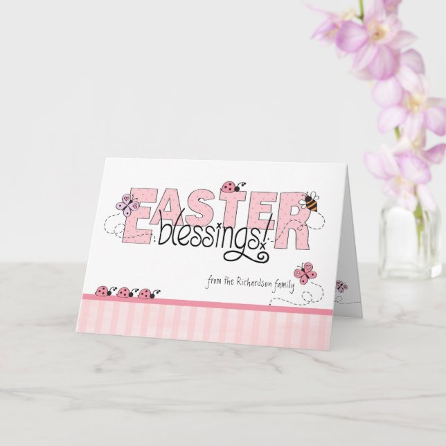 Easter Blessings Custom Name Pink Chevron Card (Orchid)