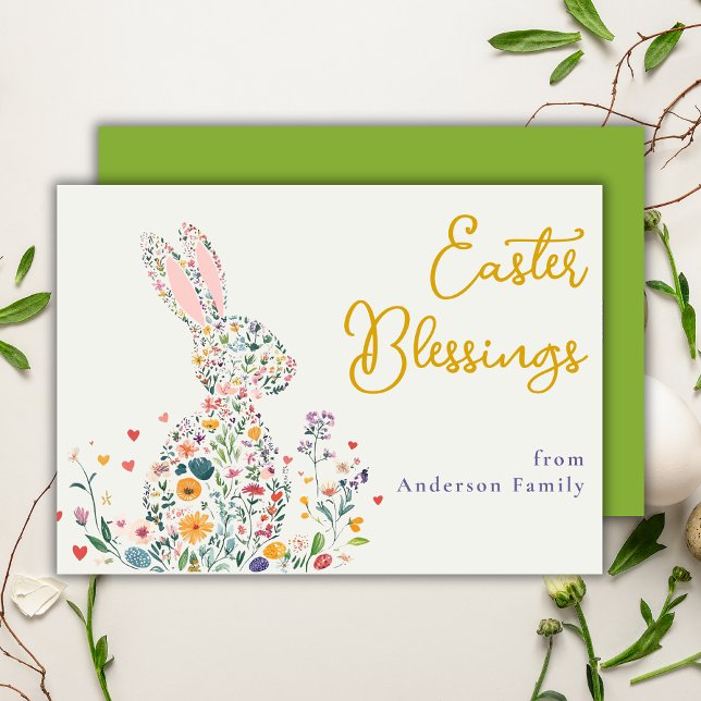 Easter Blessings Cute Floral Silhouette Bunny  Holiday Card (Creator Uploaded)