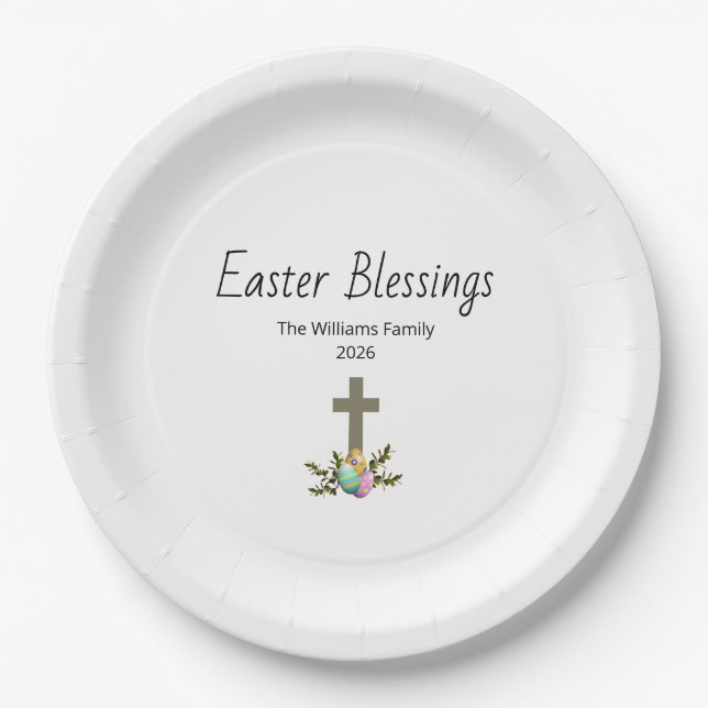 Easter Blessings Decorated Eggs Christian Cross  Paper Plates (Front)