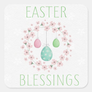 Easter Blessings Decorated Eggs Floral Wreath Square Sticker
