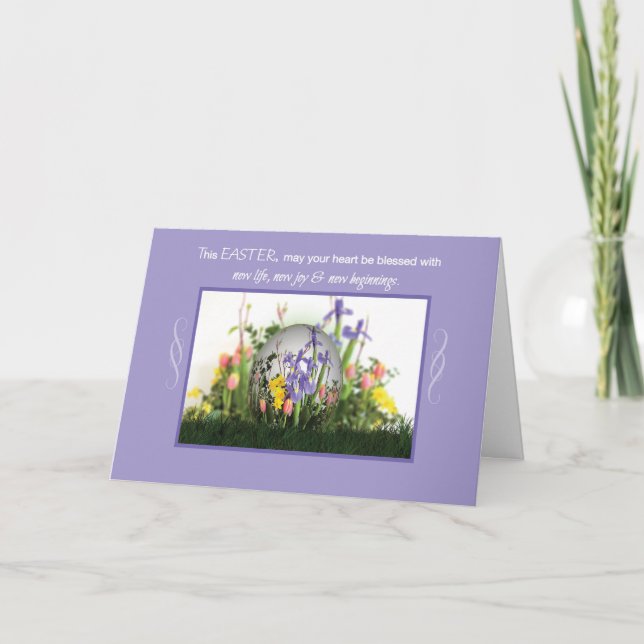 Easter Blessings Egg in Flowers, Religious Holiday Card (Front)