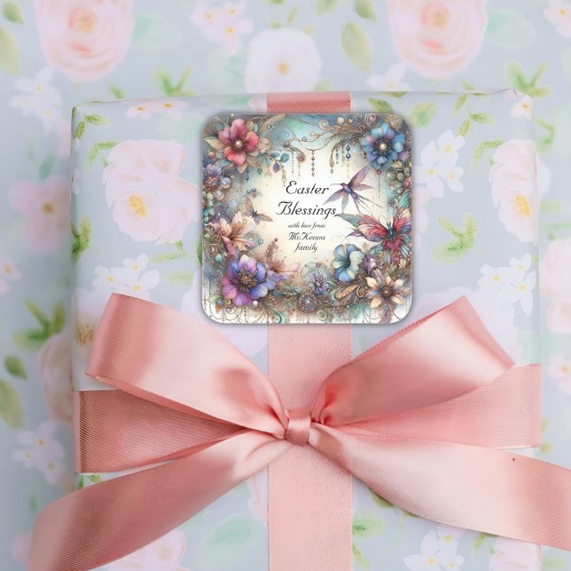 Easter Blessings Elegant Watercolor Floral  Square Sticker (Creator Uploaded)