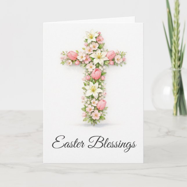Easter Blessings Floral Cross Christian Easter  Card (Front)