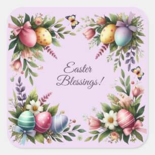 Easter Blessings Frame of Easter Eggs Flowers Square Sticker