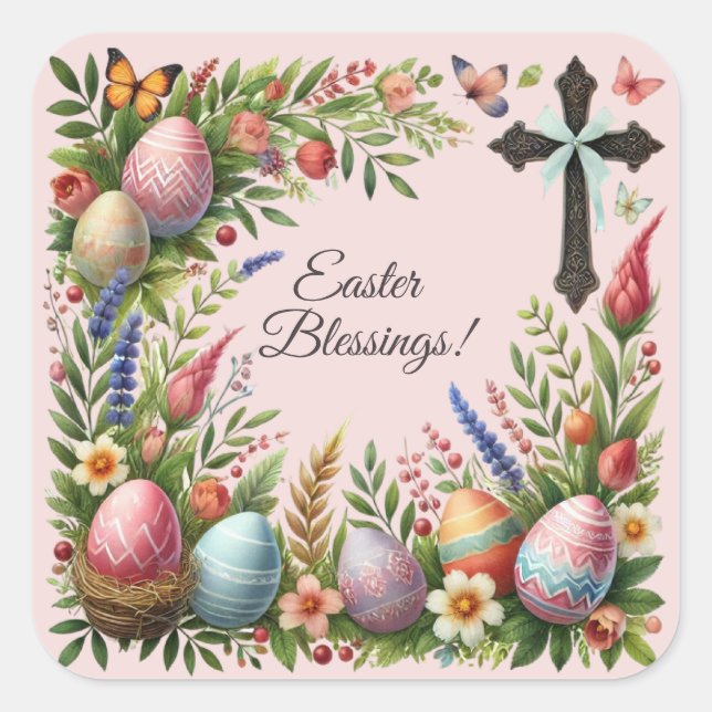 Easter Blessings Frame of Easter Eggs Flowers Square Sticker (Front)