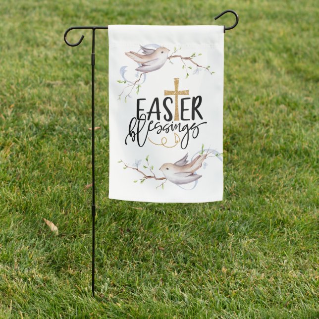 Easter Blessings Gold Cross Spring Birds Design Garden Flag (In SItu)