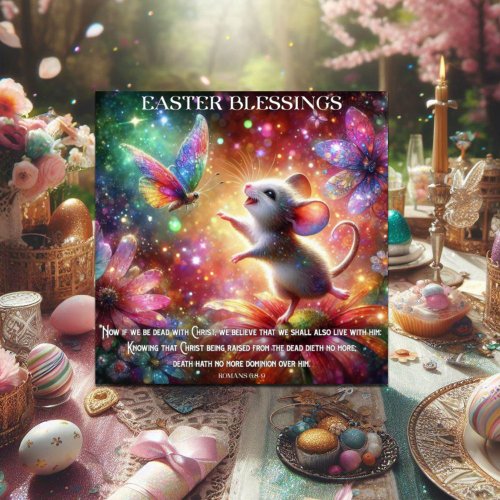 Easter Blessings Joyful Mouse On Flower Christian  Holiday Card