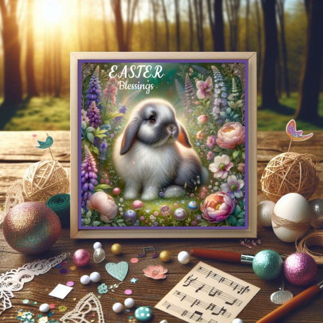 Easter Blessings Lop Eared Bunny Purple Flowers Holiday Card (Creator Uploaded)