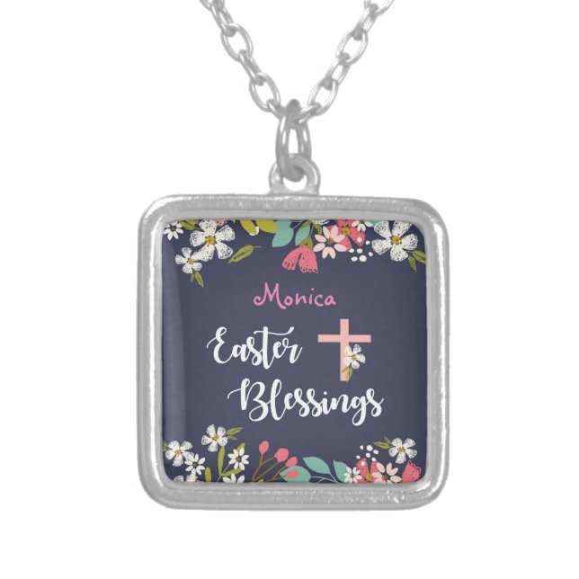 Easter Blessings of Risen Christ Flowers Silver Plated Necklace (Front)