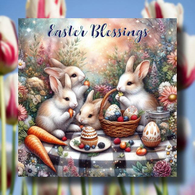 Easter Blessings Pastel Cute Bunny Family Picnic Holiday Card (Creator Uploaded)