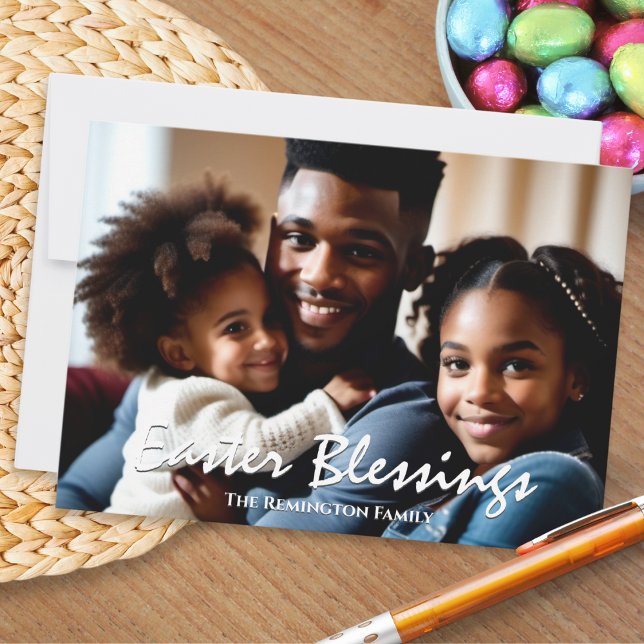 Easter Blessings Photo Modern Holiday Card (A stylish card with 'Easter Blessings' message, personalized with photo and name(s))