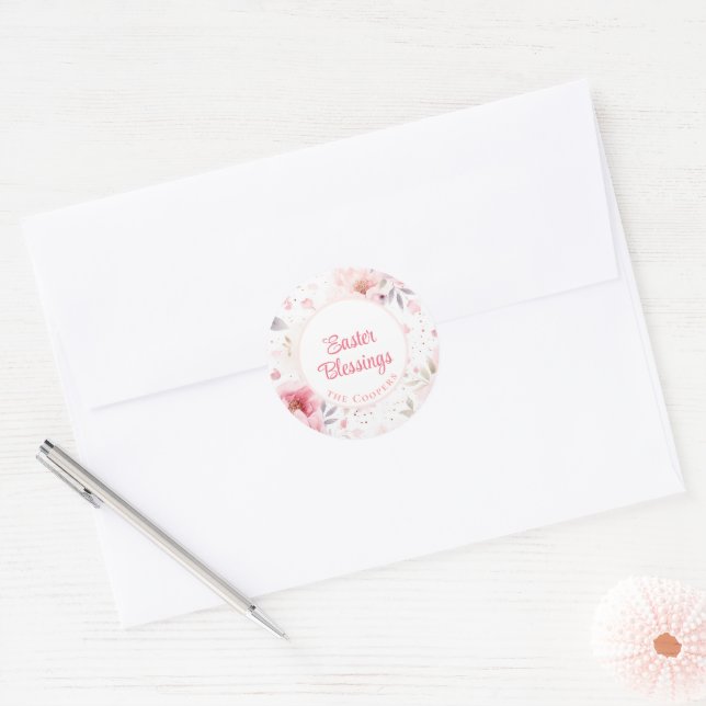 Easter Blessings | Pink Flowers Pattern | Easter Classic Round Sticker (Envelope)