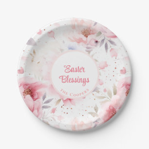 Easter Blessings Pink Flowers Pattern Easter Paper Plates