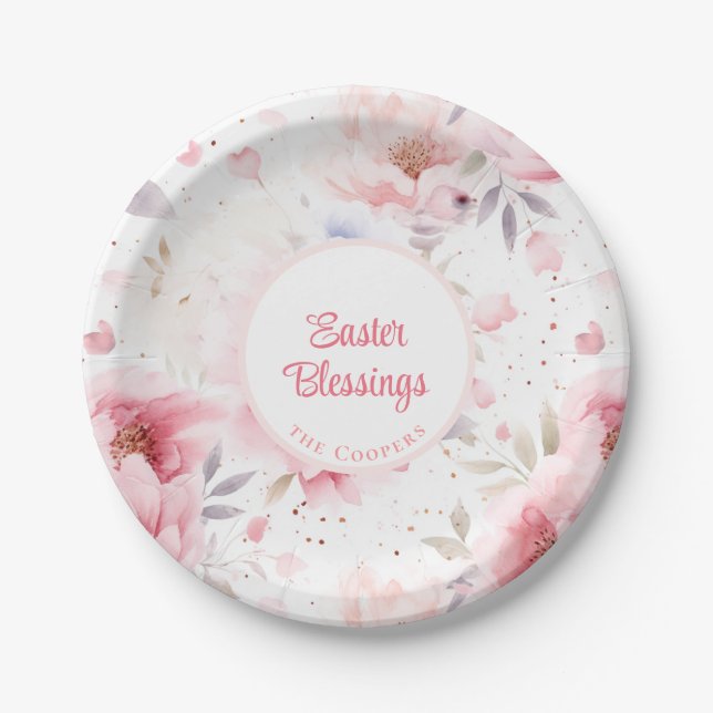 Easter Blessings | Pink Flowers Pattern | Easter Paper Plates (Front)