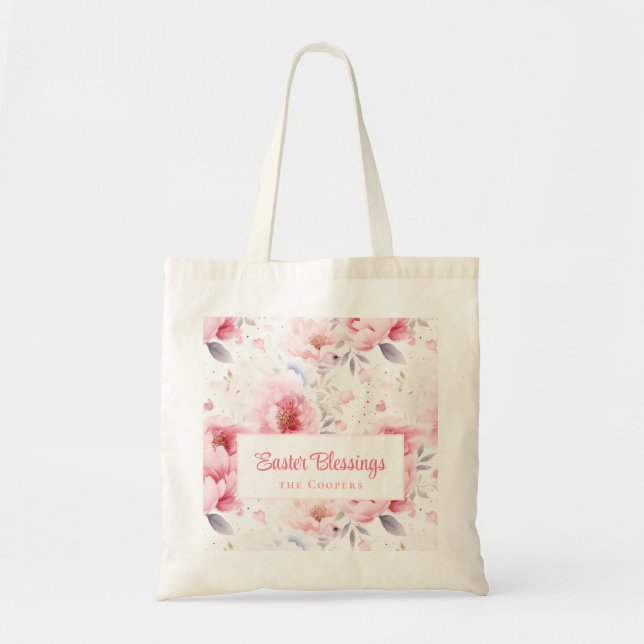 Easter Blessings | Pink Flowers Pattern | Easter Tote Bag (Front)