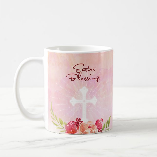 Easter Blessings Pink Flowers with Cross Coffee Mug (Left)